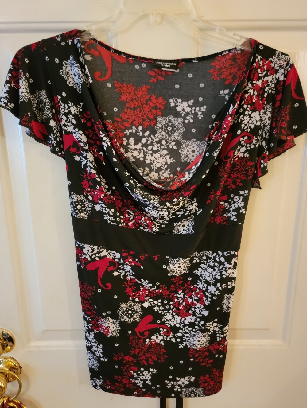 Perceptions Black Red & White Cowl Neck Floral Tunic